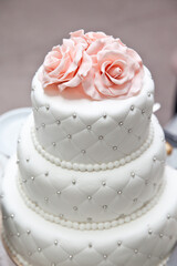 a multi level white wedding cake and pink flowers on top. Big cake.