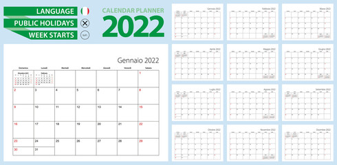 Italian calendar planner for 2022. Italian language, week starts from Sunday.