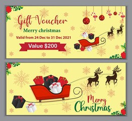 Beautiful gift voucher for Merry Christmas with best discount value. Santa Claus sleigh full of gifts and his reindeers. Vector illustration.