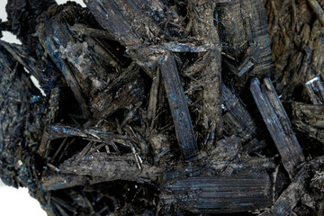 Macro stone mineral Antimonite, Stibnite on a white background