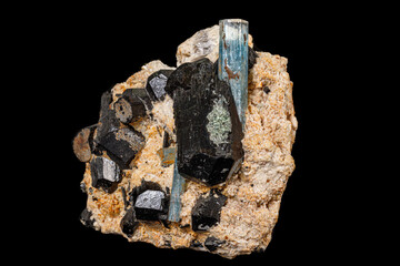 Macro stone mineral tourmaline aquamarine with a black background