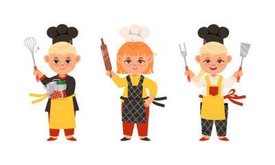 Children cook chefs in uniform with kitchen tools set cartoon vector illustration