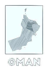Sketch map of Oman. Grayscale hand drawn map of the country. Filled regions with hachure stripes. Vector illustration.