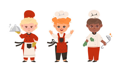 Children cook chefs in uniform with kitchen tools set. Cheerful kids with ladle and restaurant cloche cartoon vector illustration