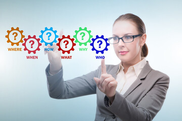 Concept of many different questions asked with businesswoman
