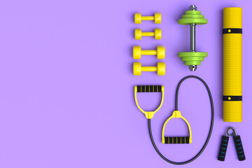 Top view of sport equipment like yoga mat, dumbbell and expander on violet