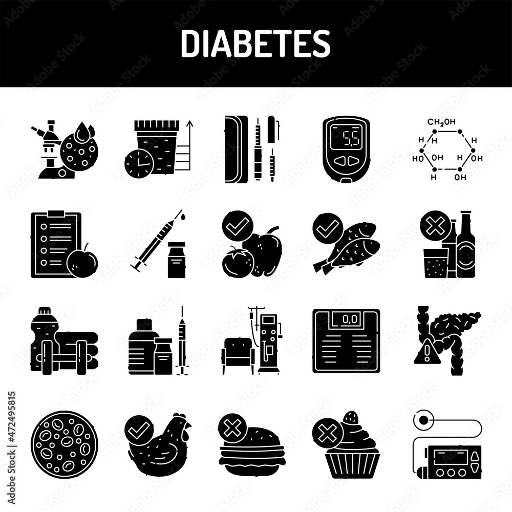 Poster diabetes line icons set. isolated vector element.