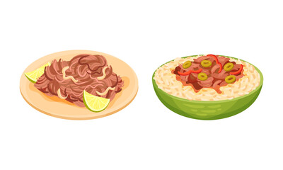 Traditional nutritious tasty dishes served on plates set. Stewed meat and rice vector illustration