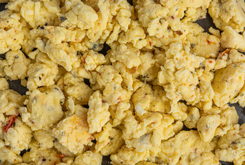 Scrambled eggs, omelet. Texture of omelet top view