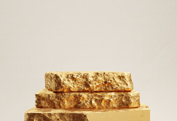 Golden stones for display product. Clipping path included. 3d rendering