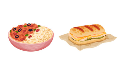 Traditional nutritious tasty dishes served on plates set. Rice with stewed vegetables and sandwich vector illustration