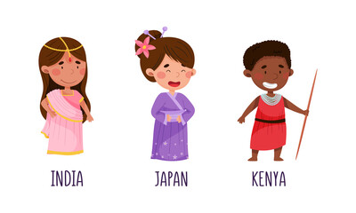 Cute kids in national costumes of different countries set. Children in traditional clothing of India, Japan, Kenya cartoon vector illustration