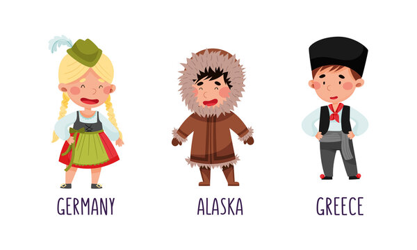 Cute kids in national costumes of different countries set. Children in traditional clothing of Germany, Alaska, Greece cartoon vector illustration
