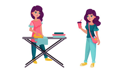 People daily routine set. Girl walking and ironing cartoon vector illustration