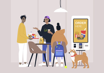 A group of millennials eating at the fast food diner, a pet friendly place with a self service