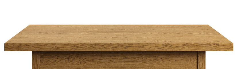 Wooden table top on a white background. Oak-tree wooden table. Isolated, clipping path included. 3d illustration