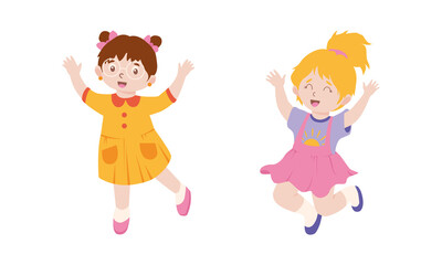 Happy little little jumping together. Smiling kids having fun cartoon vector illustration