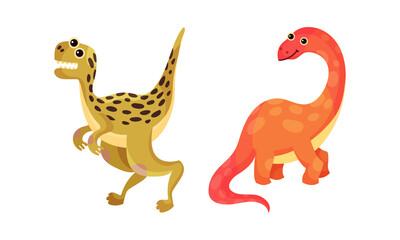 Cute funny baby dinosaurs set. Brontosaurus and tyrannosaurus rex vector illustration