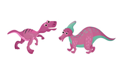 Cute pink baby dinosaurs set vector illustration on white background