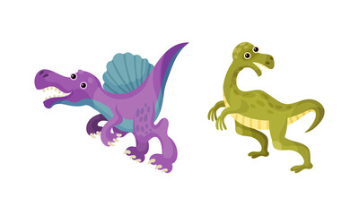 Cute funny baby dinosaurs set. Spinosaurus and allosaurus vector illustration