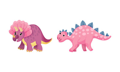 Cute funny baby dinosaurs set. Pinl triceratops and stegosaurus vector illustration