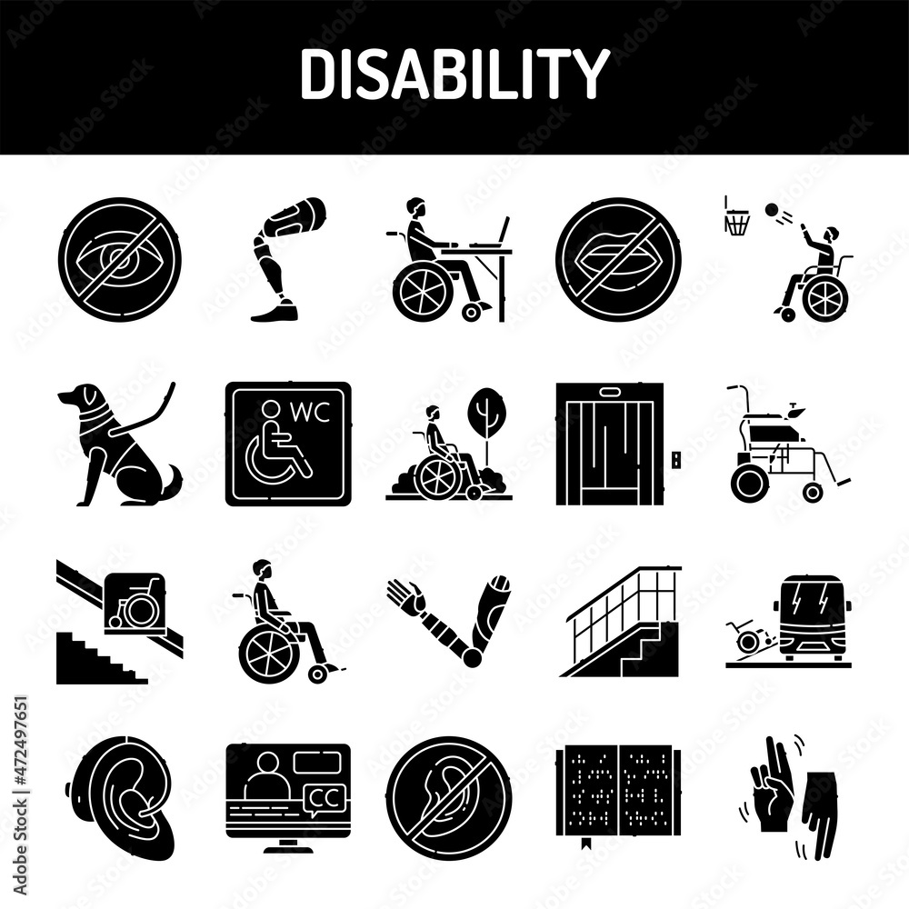 Poster disability line icons set. isolated vector element.