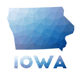 Low poly map of Iowa. Geometric illustration of the us state. Iowa polygonal map. Technology, internet, network concept. Vector illustration.