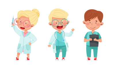 Funny kids playing doctors set. Little children in medical uniform with medical tools cartoon vector illustration