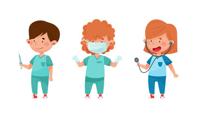 Cute little doctors set. Kids in medical uniform with medical tools cartoon vector illustration