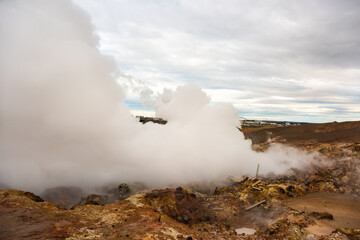 Gunnuhver Hot Springs spectacular landscape with steam. Iceland, Reykjanes