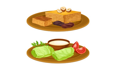 Arabian cuisine dishes set. Dolma and baklava vector illustration
