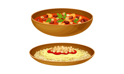 Arabian cuisine dishes served on plates set vector illustration