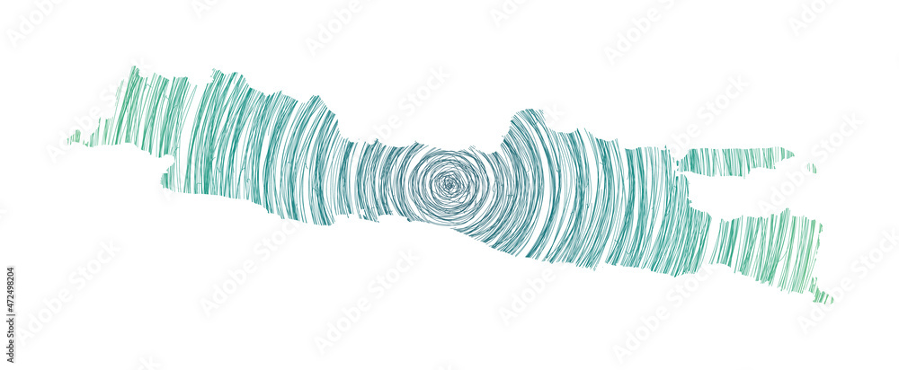 Poster Java map filled with concentric circles. Sketch-style circles in the shape of the island. Vector illustration.
