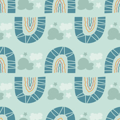 Seamless pattern with rainbows, clouds and stars. Cute endless pattern for kids textiles in handdrawn organic style. Vector illustration in flat style
