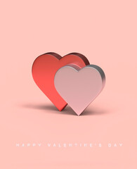 Valentines Day greeting card with two shiny hearts. 3D image