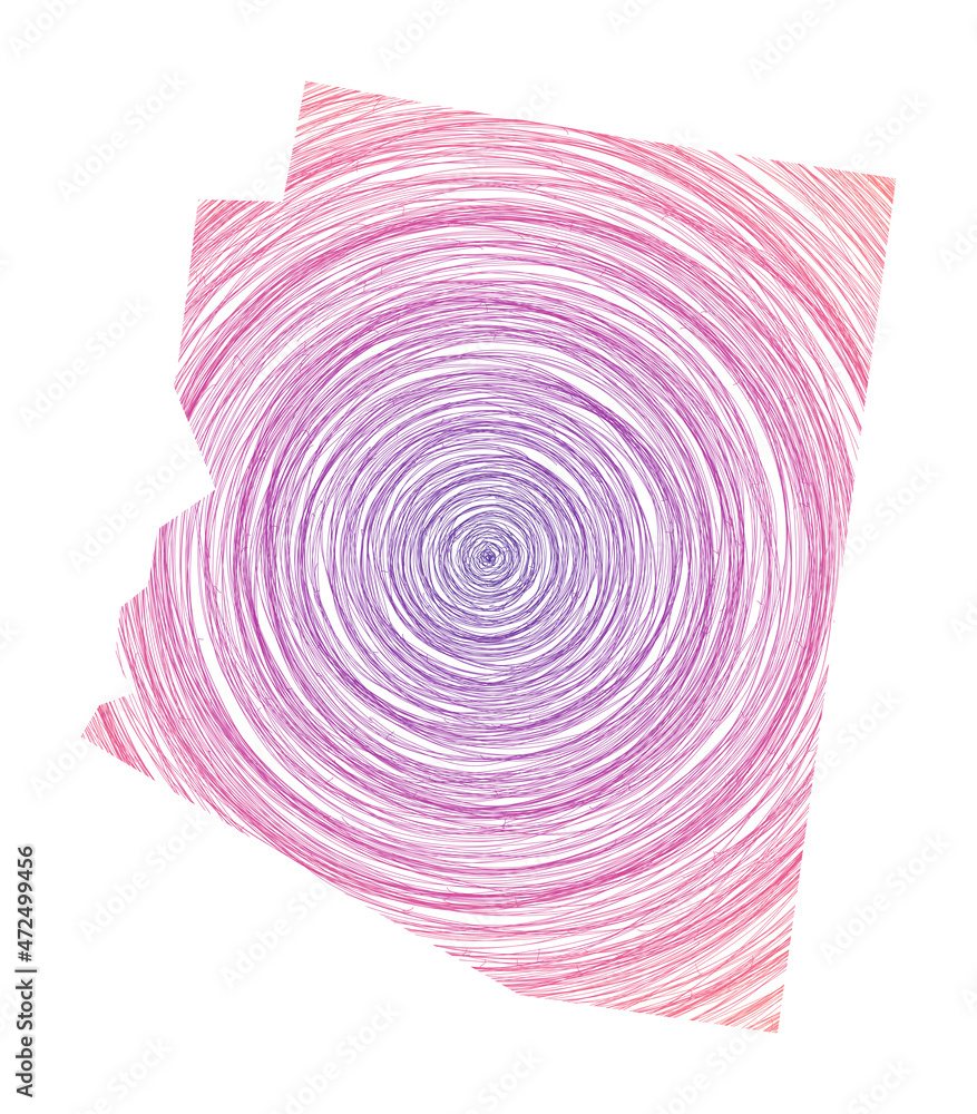Poster arizona map filled with concentric circles. sketch-style circles in the shape of the us state. vecto
