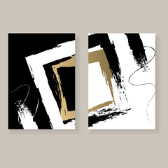 Set of minimalistic elegant wall decor posters. Black, white and gold brush strokes with grunge texture. Creative templates for parties, cards, posters, covers, labels, home decor. Abstract art.