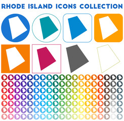 Rhode Island icons collection. Bright colourful trendy map icons. Modern Rhode Island badge with us state map. Vector illustration.