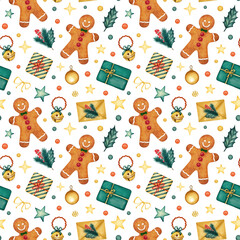 Holiday Watercolor Seamless Pattern. Christmas Tree Decoration, Gingerbread Man, Gifts, Letter, Holly, Berry, Bell. Hand drawn background for textile print, fabric, wrapping paper, card, invitation