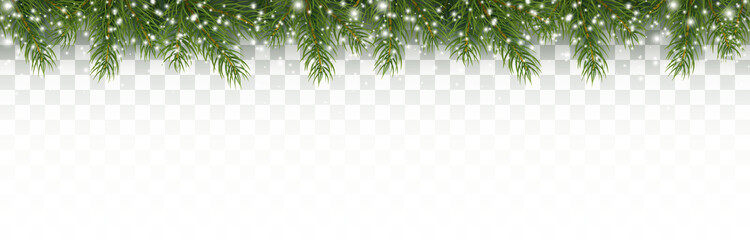 Bordure avec des branches de sapin vert, des flocons de neige blancs isolés sur fond transparent. Pin, bannière transparente de plantes à feuilles persistantes de Noël. Guirlande de sapin de Noël de neige de vecteur