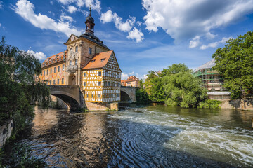 Fototapeta na wymiar Scenic summer view of the Old Town architecture with City Hall building in Bamberg, Germany