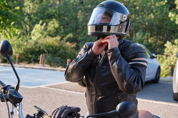 A biker puts on helmet before riding on motorbike