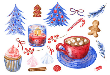 Christmas set of watercolor illustrations isolated on white. There are cup of hot chocolate with marshmallows, Christmas trees, cookies, cupcake, candle, candy cane. For stickers, scrapbook, decor.