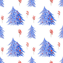 Blue Christmas trees seamless pattern for Winter Holiday Season. Watercolor hand drawn elements in sketch style on white isolated background. For wrapping paper, fabric, wallpapers, scrapbook.
