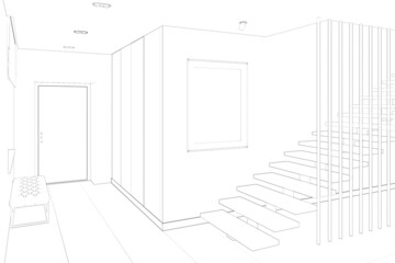 Sketch of the minimalist entrance hall in a loft with a vertical poster above the stairs, a cabinet near the front door, a bench under the window, a tiled floor, built-in lights. 3d render