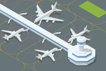 Isometric Airport with Many Airplanes. Aviation Industry. Passenger Jet Plane Parked to a Boarding Ramp