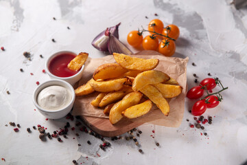 
French fries with sauces greens rustic