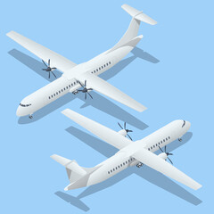Isometric Airplanes on Blue Background. Turboprop Regional airliner. Industrial Blueprint of Airplane. Airliner ATR 42 in Top - obrazy, fototapety, plakaty