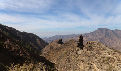 Fototapeta na wymiar Gran Canaria, landscape of the central mountainous part of the island, Landscapes around hiking route in Barranco de Siberio valley, edge of nature park Pajonales 