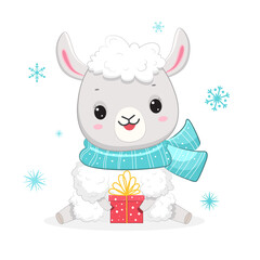 Cute white Christmas llama with gift box